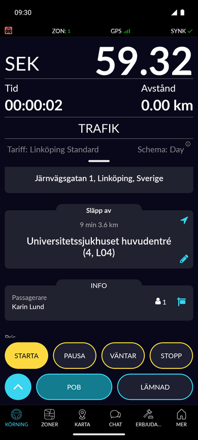 Förarappen med taxameter under en körning